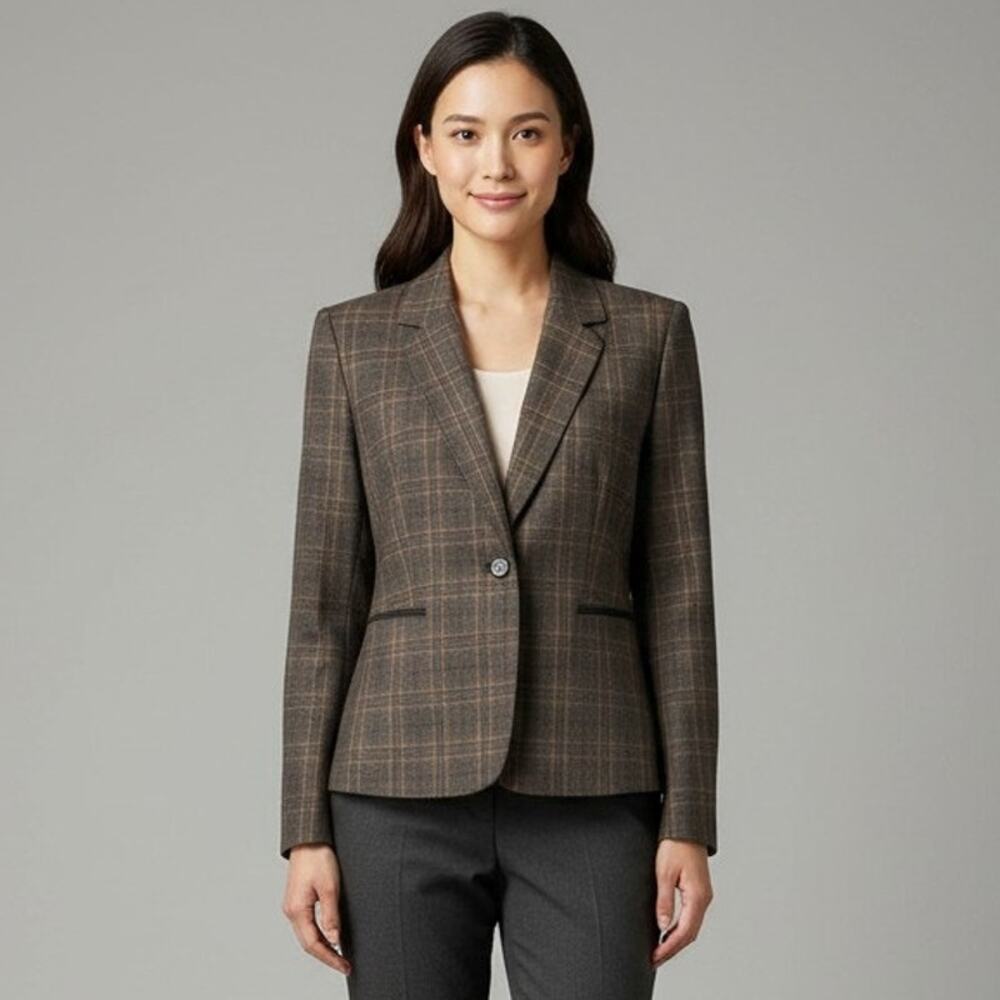 Tahari Arthur S Levine Womens 12 Plaid Blazer Gray Brown Elbow Pads One Button